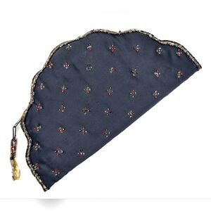 Vintage GENIE Black Satin w/ Red, Gold, Hand Beading Scalloped Edge Clutch RARE